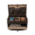 High quality leather trunk that will be a vintage antique one day in a museum. This is the luggage wide open and empty. It is a dark brown leather steamer trunk that was old time luggage back in the day on trains and ships.