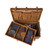 High quality leather trunk that will be a vintage antique one day in a museum. This is the back of the luggage when the tray is moved. It is a tan brown steamer trunk that was old time luggage back in the day on trains and ships.