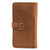 High quality back of a tan brown really large leather wallet.
