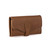 This is the front side of a tan brown long trifold leather wallet for passports.