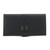This is the back of a black long trifold leather wallet for passports.