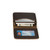 High quality dark brown leather business card holder wallet laying flat and open.