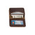 High quality black leather business card holder wallet laying flat and open.