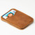 High quality tan brown leather wallet laying down upwards.