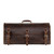 This leather duffle bag is dark brown and has three straps on it. It is showing the front side.