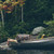 High quality dark brown leather duffle bag with three straps on the front right by a green canoe on the lake.