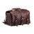 High quality red brown leather duffle bag with three straps on the front and folded over on top. It is filled with overnight travel gear.