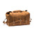 This is a tan brown leather duffle bag with three straps on front to hold overnight travel gear.