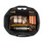High quality interior of a black leather duffle bag that is wide open and the overnight travel gear can be seen inside.