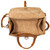 This is a tan brown leather duffle bag that has three straps to close it and has two round handles from the inside.
