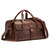 High quality red brown leather duffle bag that has three straps to close it and has two round handles from the front side.