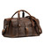 This is a dark brown leather duffle bag that has three straps to close it and has two round handles from the front side.
