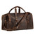 High quality dark brown leather duffle bag that has three straps to close it and has two round handles from the front.