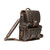 This is an image of a dark brown leather backpack on the front side has pockets behind the pockets for men and women.