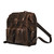 High quality big mouth leather backpack from the side in the color dark brown. Buckle and gladstone closure keep the bag shut. Made by Saddleback