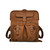 High quality front of the tan leather big mouth backpack that has two front pockets, two side pockets, and two tabs for easy opening. Made by Saddleback