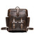 This is a dark brown leather backpack with a pocket on the front.