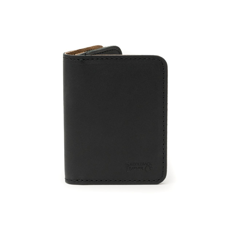 This is a tan brown leather business card holder wallet front.