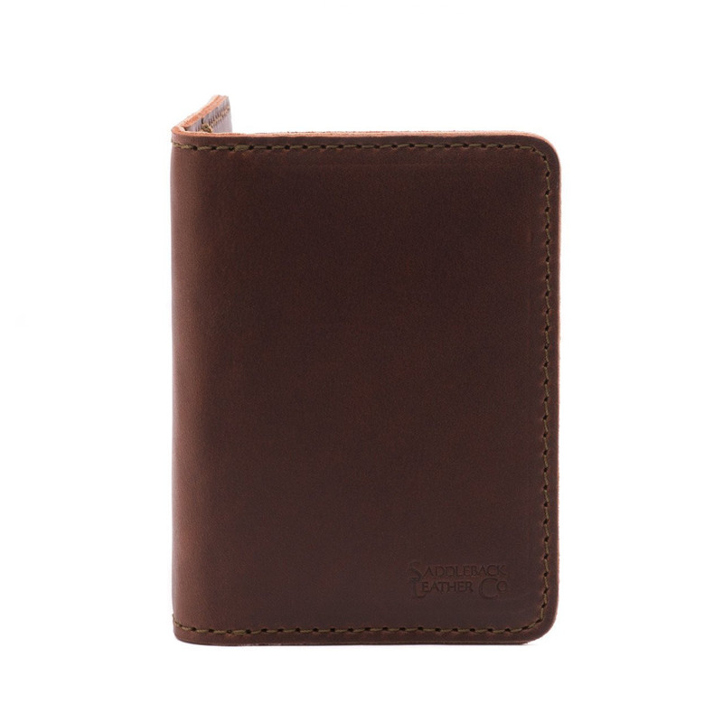 High quality thin red brown leather wallet front.