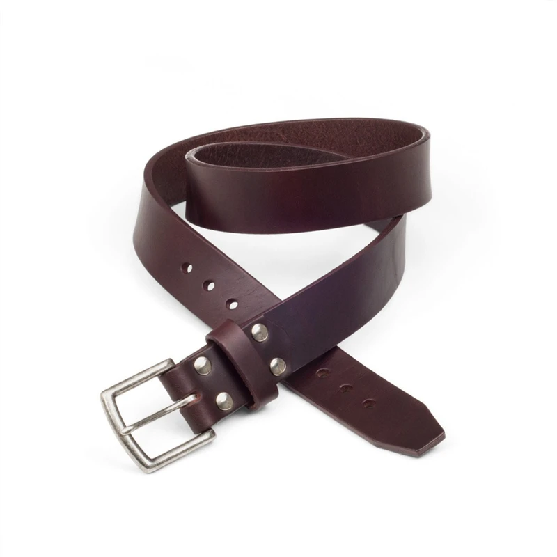 High quality red brown leather belt with no stitching and made with thick leather.