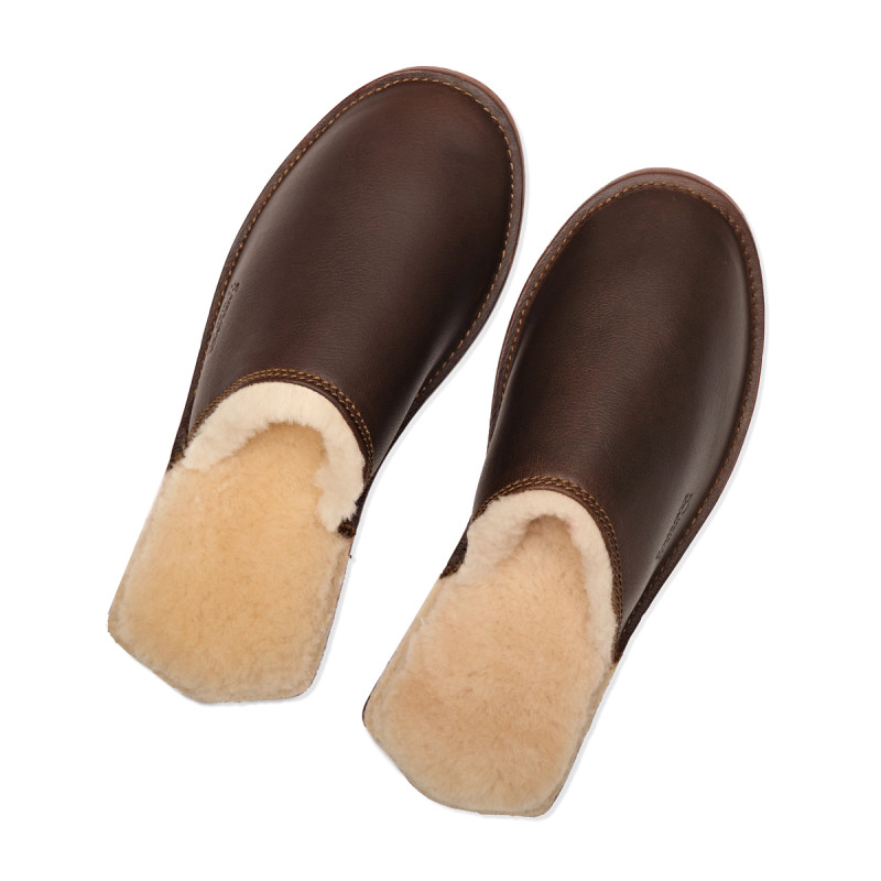 High quality dark brown full grain leather Dave's Deals Women's Sheepskin Slippers - Old Design - Size 7 - Dark Coffee Brown front view - Saddleback Leather