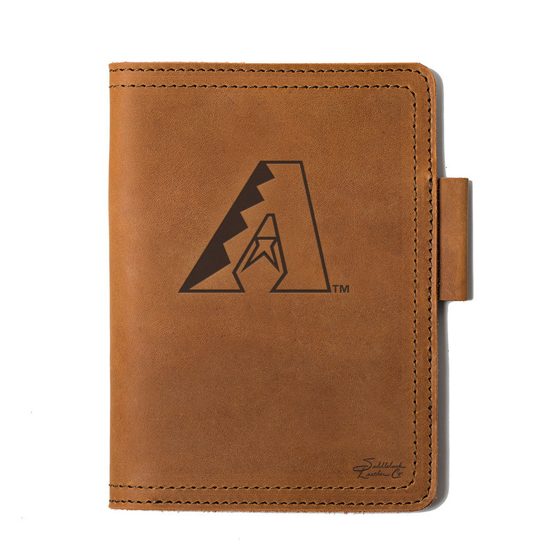 High quality arizona Diamondbacks logo on a leather journal cover in the color tan, by Saddleback