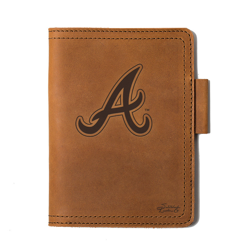 High quality tan leather journal cover for the Atlanta Braves, made by Saddleback