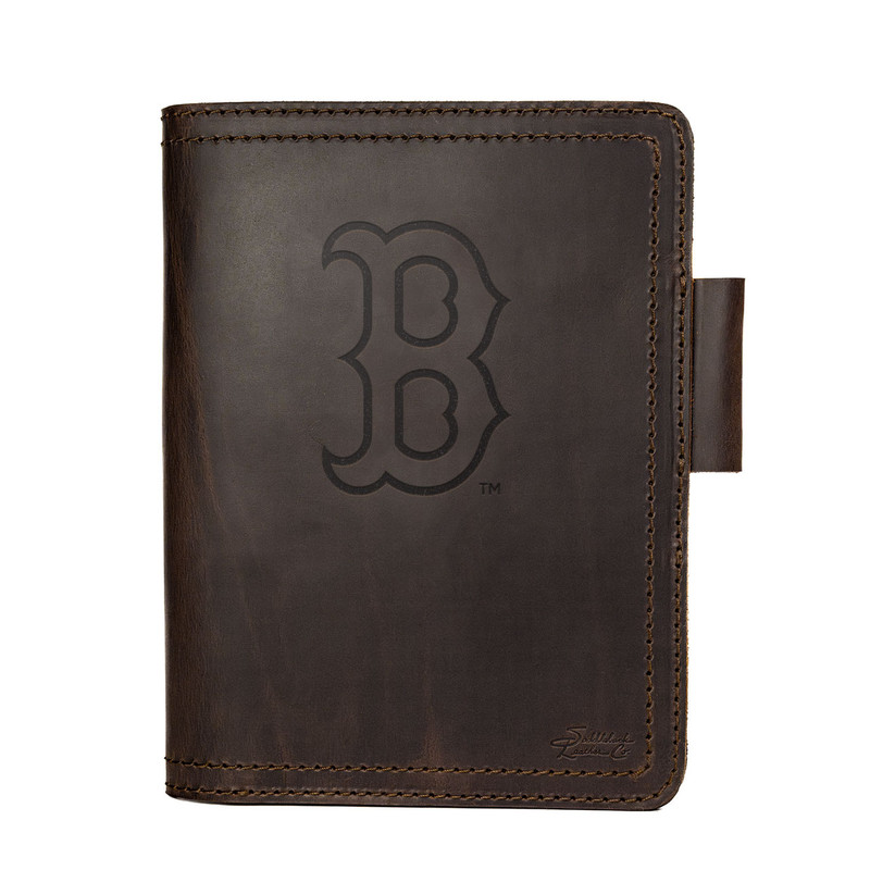 High quality dark brown leather journal cover with Boston Red Sox logo, made by Saddleback