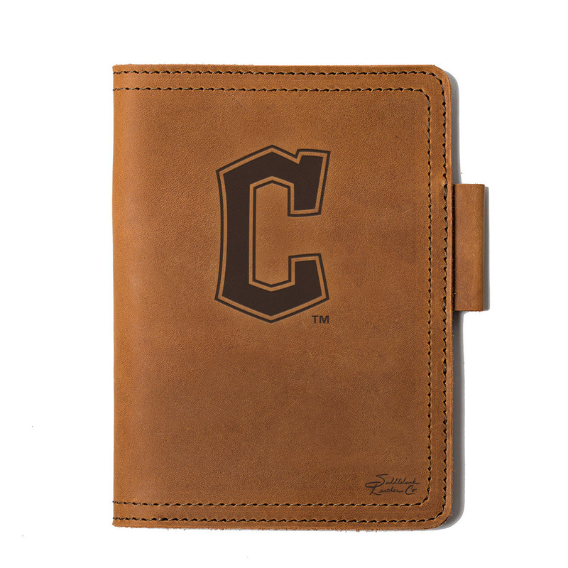 High quality tan colored leather journal cover with Cleveland Guardians logo on the front, made by Saddleback