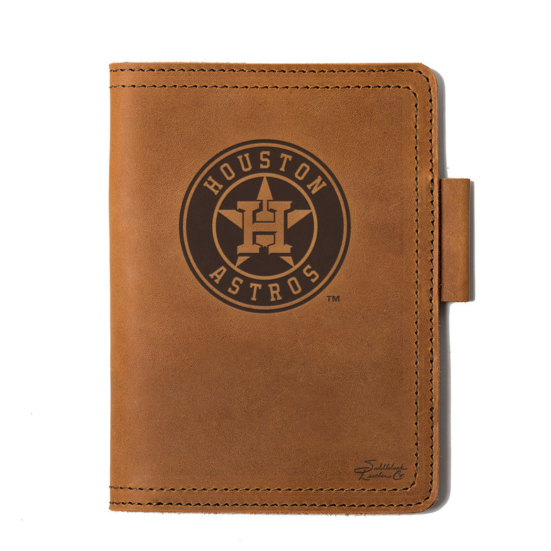 High quality tan colored leather journal cover with the Houston Astros logo. Made by Saddleback