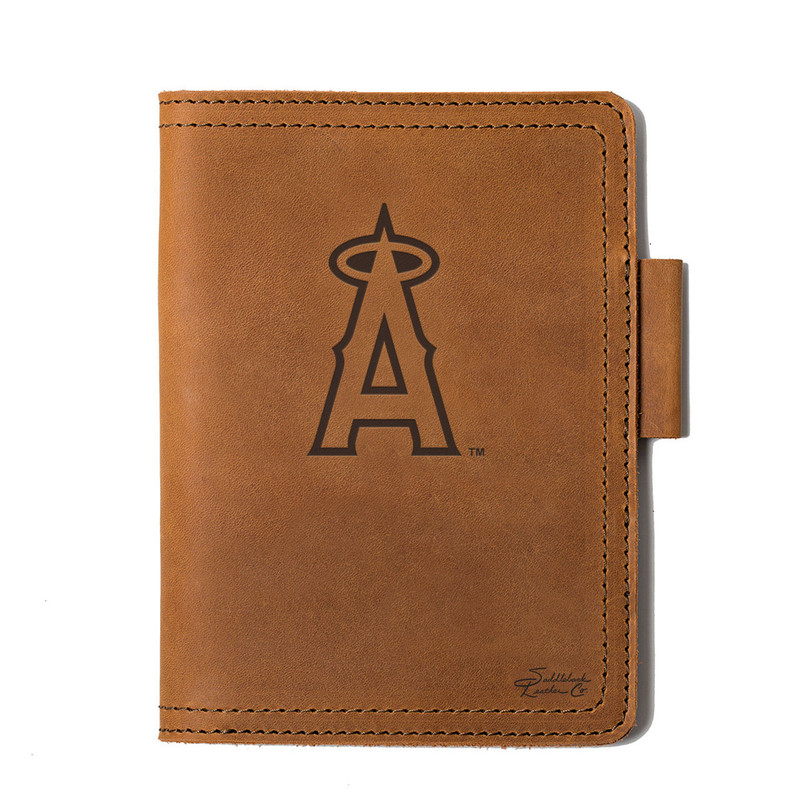 High quality tan colored leather journal cover that has the Los Angeles Angels logo on the front. Made by Saddleback