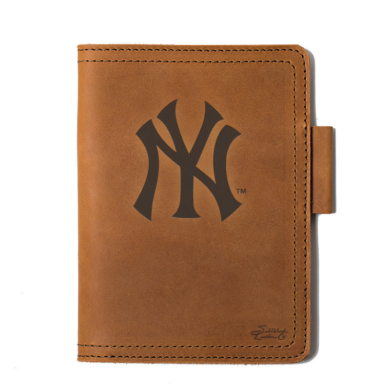 High quality tan colored leather journal cover with the New York Yankees logo on the front. Made by Saddleback