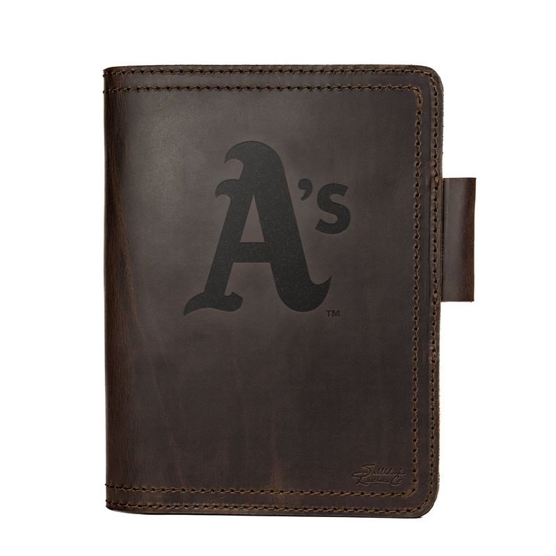 High quality dark brown colored leather journal cover with the Oakland Athletics logo on the front. Made by Saddleback