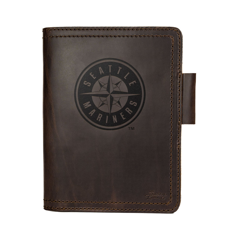 High quality dark brown colored leather journal cover with the Seattle Mariners logo on the front. Made by Saddleback