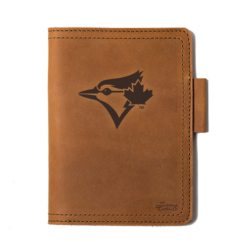 High quality tan colored leather journal cover with the Toronto Blue Jays logo on the front. Made by Saddleback
