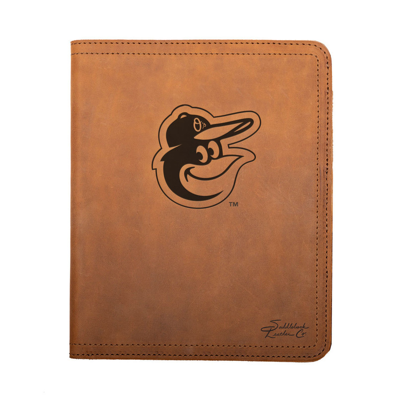 High quality leather portfolio in the color tan with a Baltimore Orioles logo on it, made by Saddleback