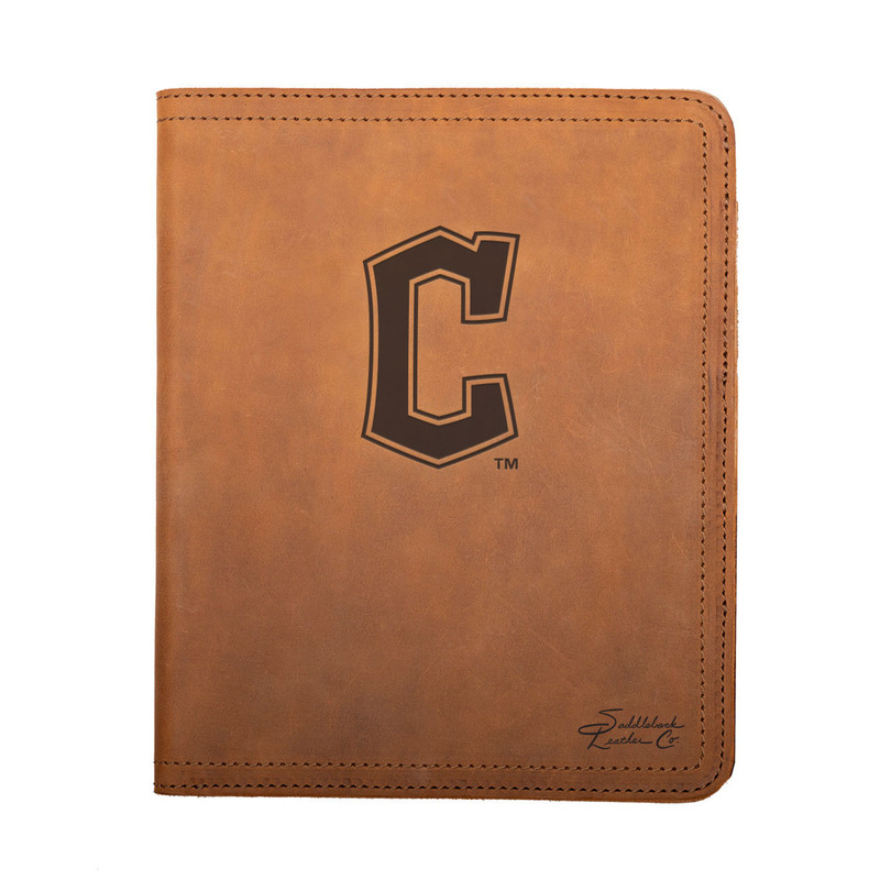 High quality tan colored leather portfolio with Cleveland Guardians logo on the front, made by Saddleback