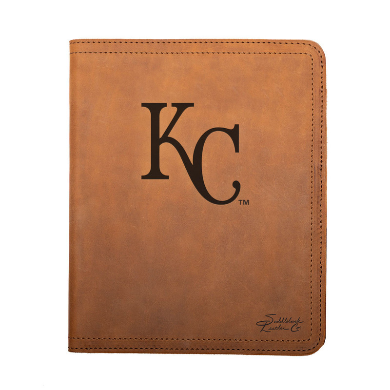 High quality tan colored leather portfolio with the Kansas City Royals logo on the front. Made by Saddleback