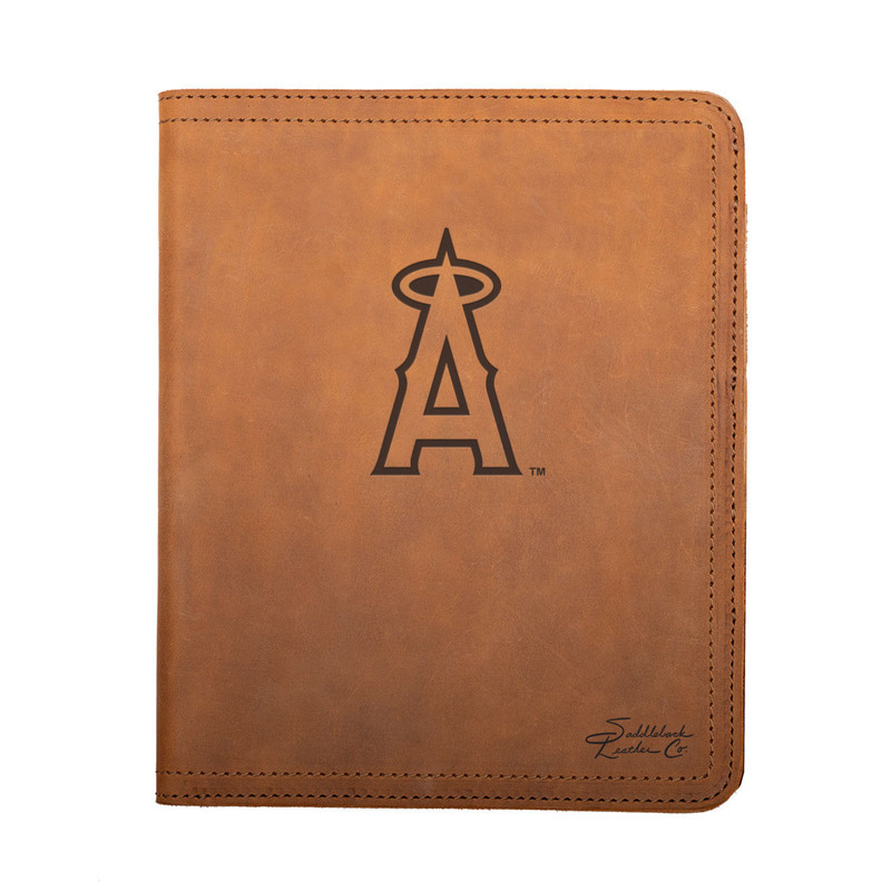High quality tan colored leather portfolio with the Los Angeles Angels logo on the front. Made by Saddleback