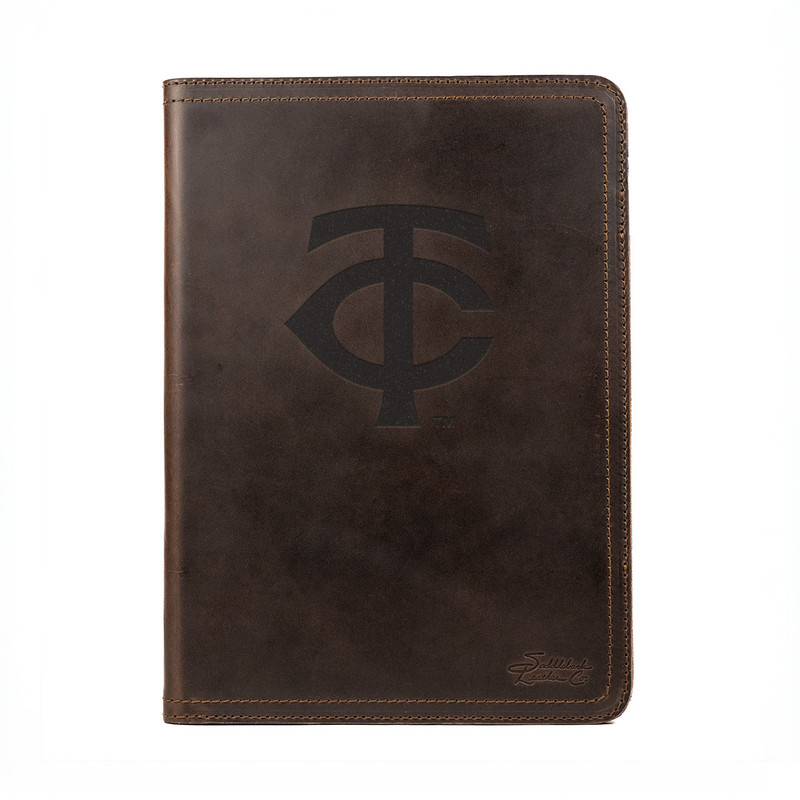 High quality dark brown colored leather portfolio with the Minnesota Twins logo on the front. Made by Saddleback