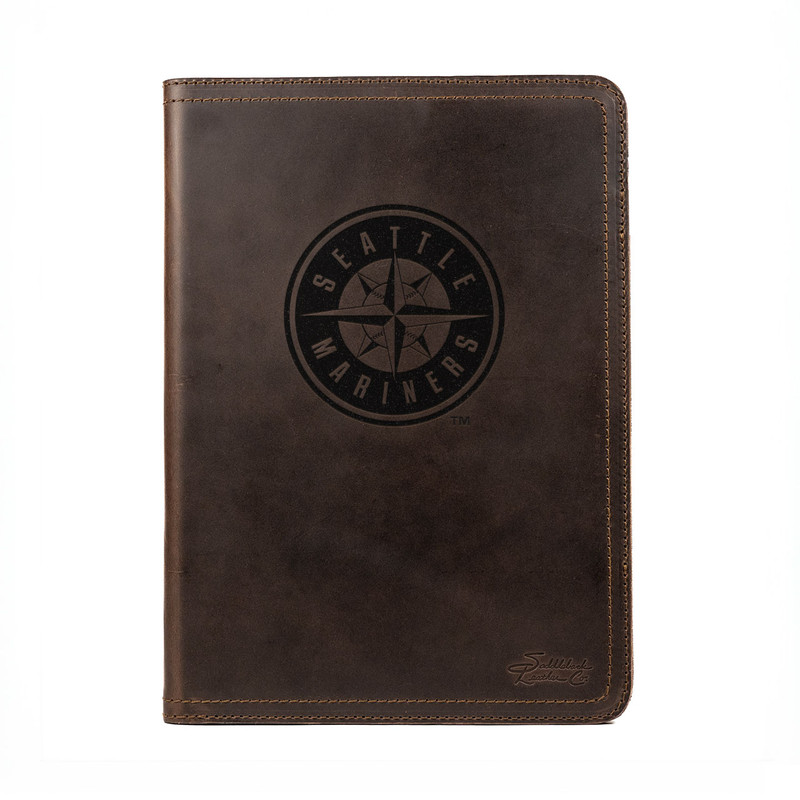 High quality dark brown colored leather portfolio with the Seattle Mariners logo on the front.