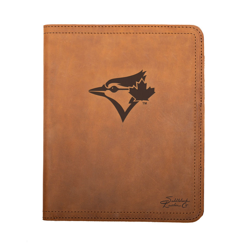 High quality tan colored leather portfolio with the Toronto Blue Jays logo on the front. Made by Saddleback