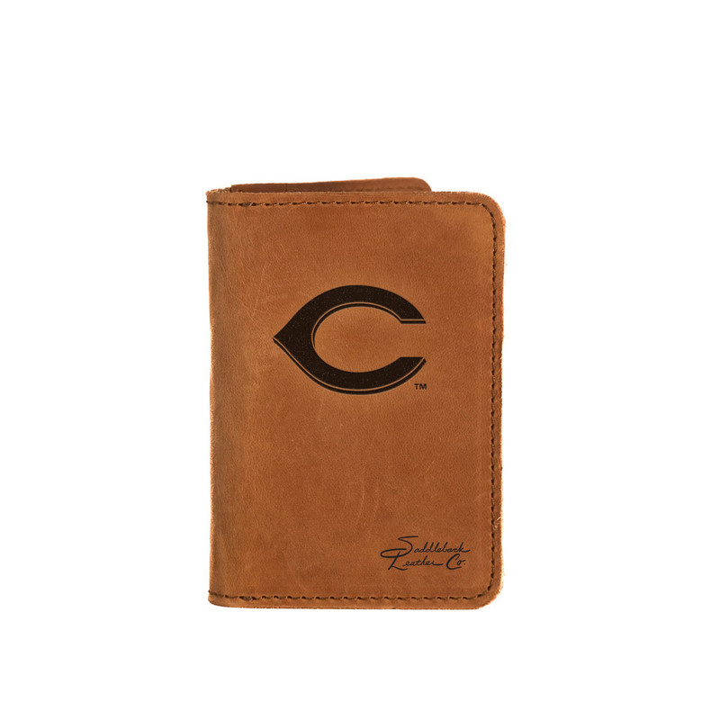 High quality tan colored leather business card holder with Cincinnati Reds logo, made by Saddleback