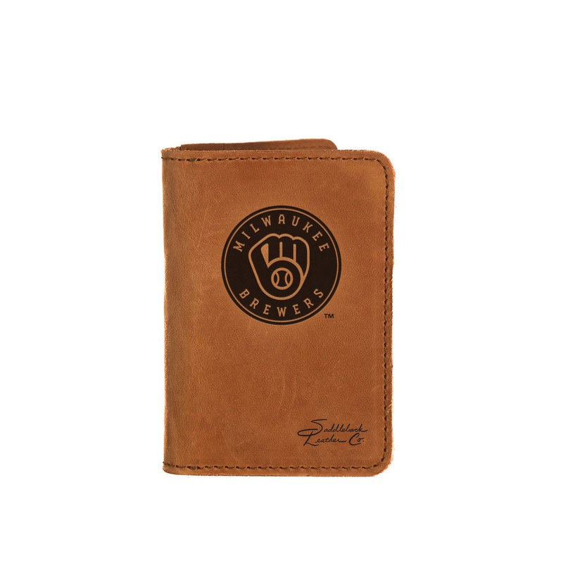 High quality tan colored leather business card holder with the Milwaukee Brewers logo on the front. Made by Saddleback