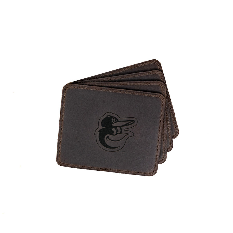 Leather coaster set in the color dark coffee brown with a Baltimore Orioles logo, made by Saddleback