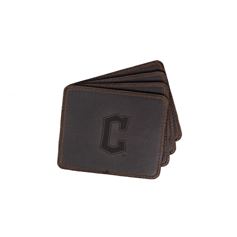High quality dark brown colored leather coaster set of 4 with Cleveland guardians logo on it. Made by Saddleback