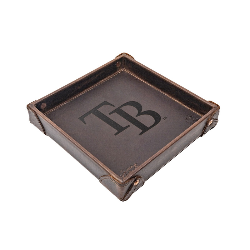 High quality dark brown colored leather valet tray with the Tampa Bay Rays logo in the center. Made by Saddleback