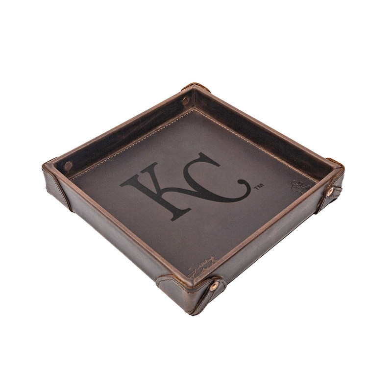 High quality dark brown colored leather valet tray with Kansas City Royals logo on it. Made by Saddleback