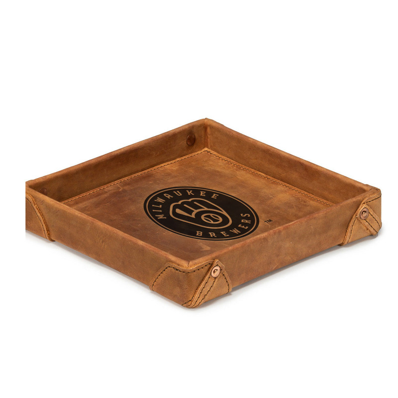 High quality tan colored leather valet tray with the Milwaukee Brewers logo on it. Made by Saddleback