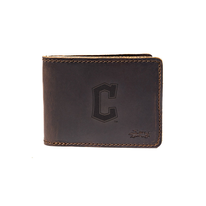 High quality dark brown colored leather bifold wallet with the Cleveland Guardians logo on it, made by Saddleback